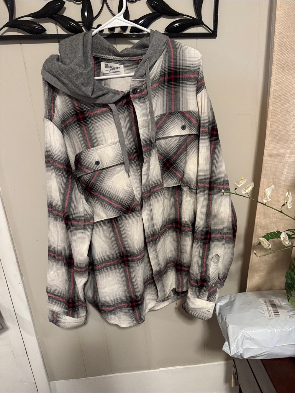 No Boundaries Gray Plaid Hooded Shirt Jacket with Pink Accents